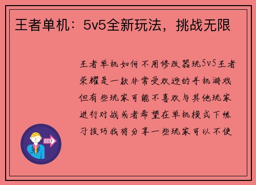王者单机：5v5全新玩法，挑战无限