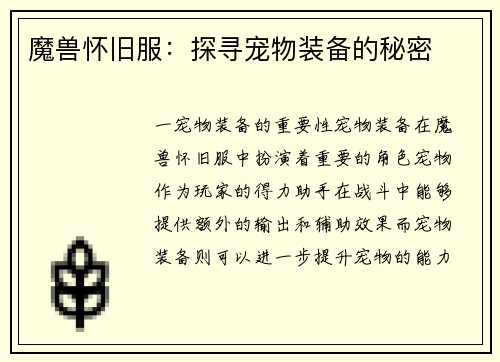 魔兽怀旧服：探寻宠物装备的秘密