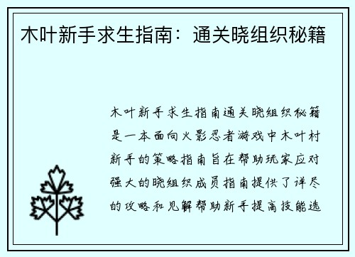 木叶新手求生指南：通关晓组织秘籍