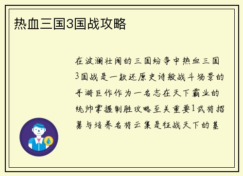 热血三国3国战攻略
